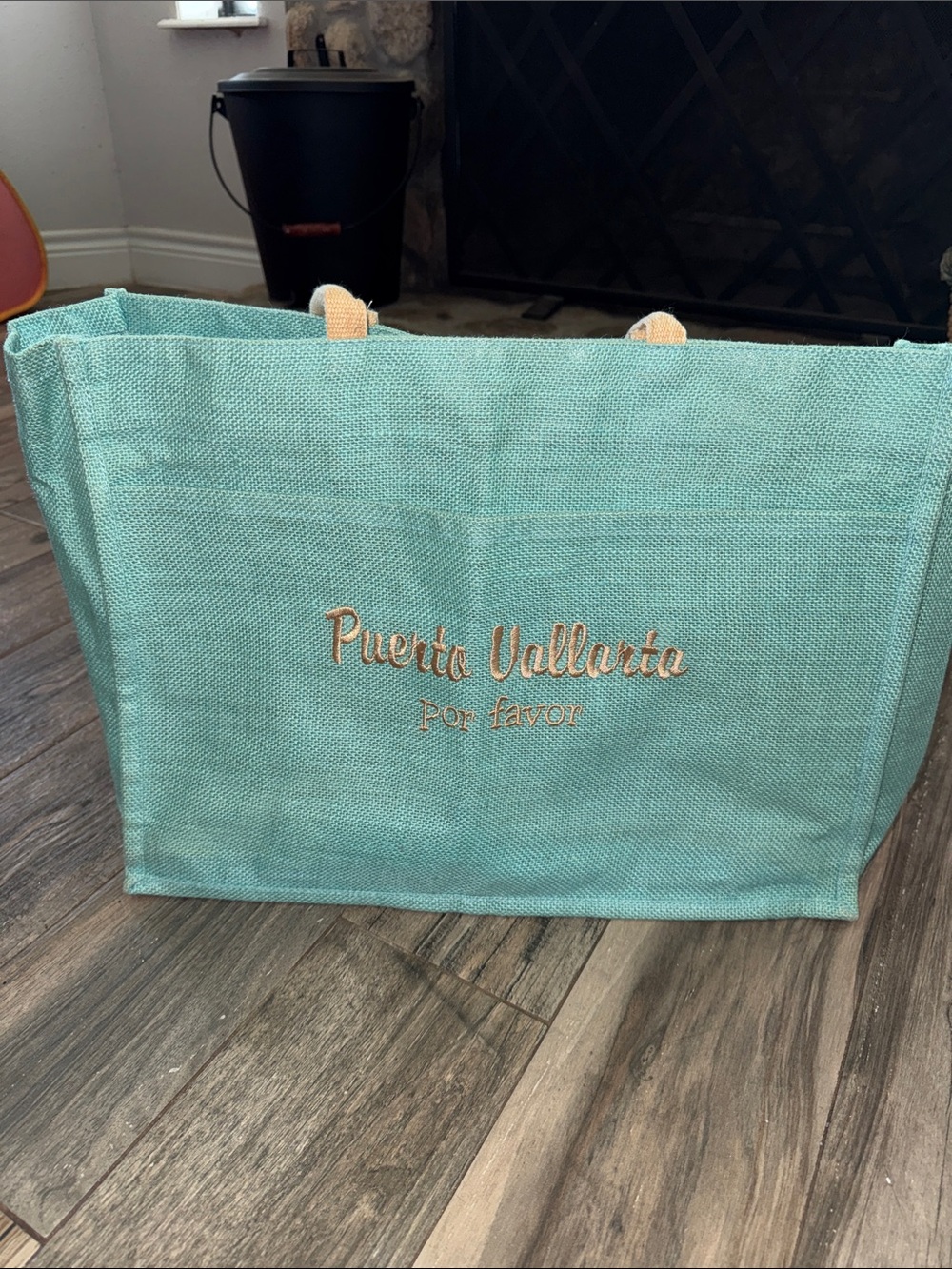 Puerto Vallarta Por Favor Aqua Tote Bag with Tan Handles